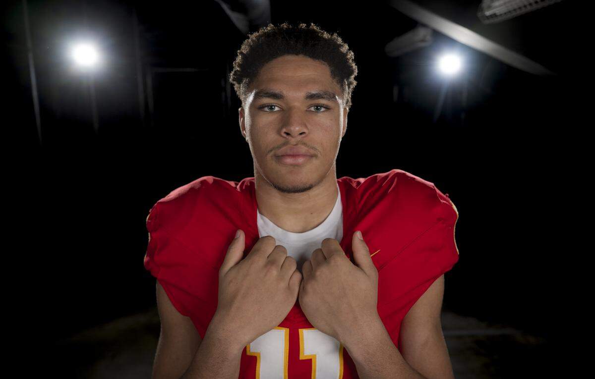 Mount Tahoma junior defensive end Teaven Jones poses for a portrait after being selected as first-team defense for The News Tribune’s 2025 All-Area football team at Mount Tahoma High School, on Sunday, Dec. 7, 2025, in Tacoma, Wash.