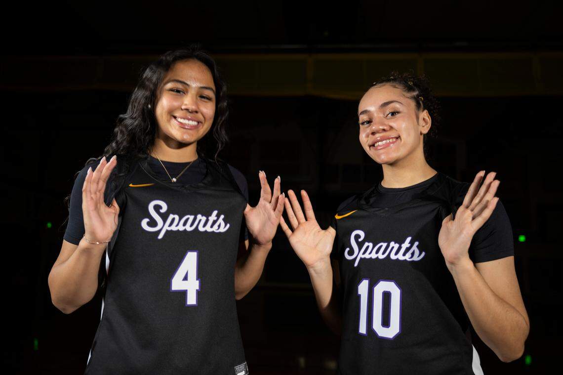 The News Tribune’s 2025 All-Area girls basketball first-team selection Sumner’s Kawehi Borden (left) and girls player of the year Olivia Collins pose for a portrait at Sumner High School on Sunday, March 23, 2025, in Sumner.