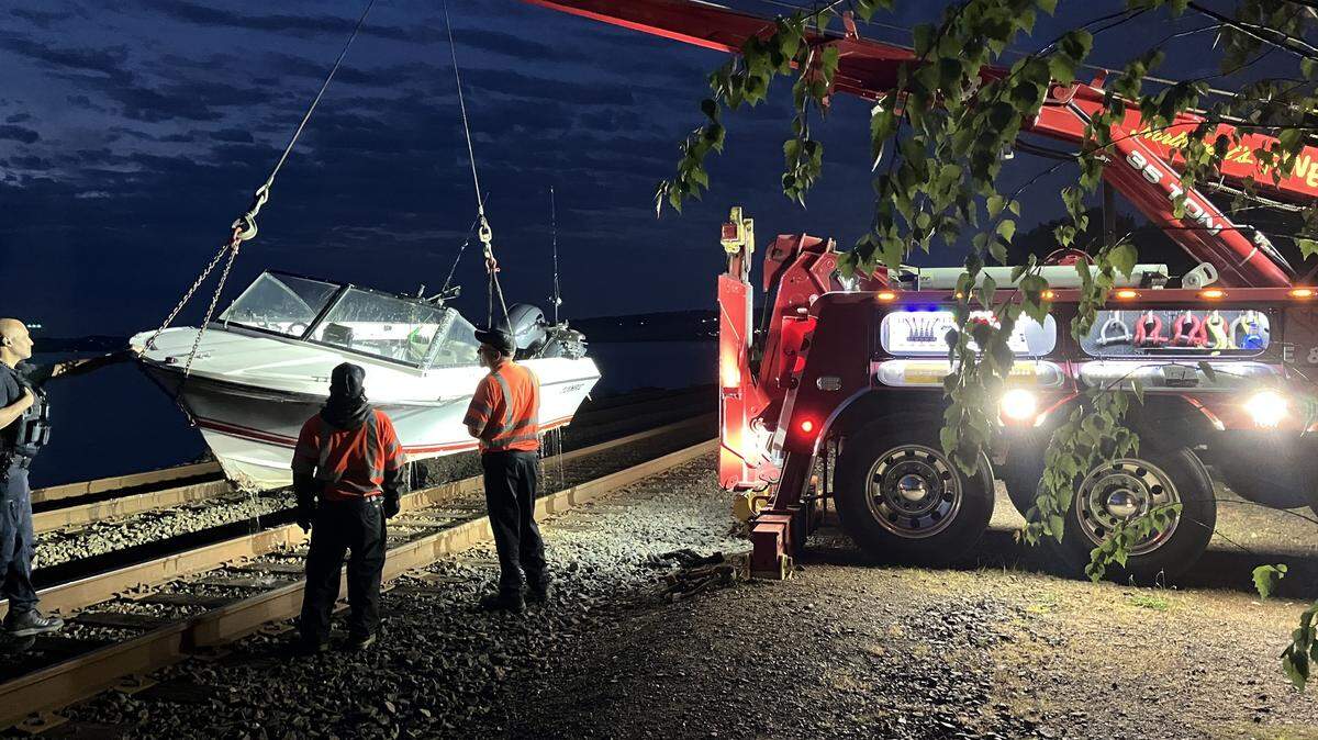 A photo shared by the Steilacoom Department of Public Safety on Facebook shows a motorboat being removed and impounded after it crashed into a rocky embankment near the Steilacoom Ferry Dock around 5 p.m. on May 1, 2026.
