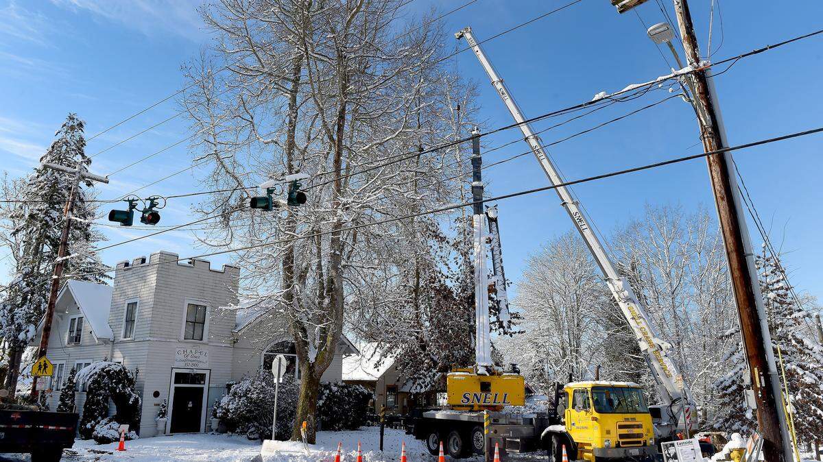 Using twin cranes, a crew from Ron’s Stump Removal & Tree Service, remove a series of large sections from a 100-foot Red Oak tree in the 1400 block of Legion Way in Olympia Sunday morning. A nearby homeowner had noticed cracks in several large branches earlier and after an inspection its removal was deemed necessary, according to arborist Kevin McFarland from Sound Urban Forestry. He added that the tree damage was weather-related.