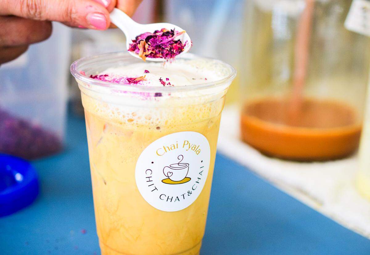The specialty lattes start with a housemade chai concentrate with the addition of other house syrups, as in the rose-scented gulab jamun, finished with rose petals and saffron threads.