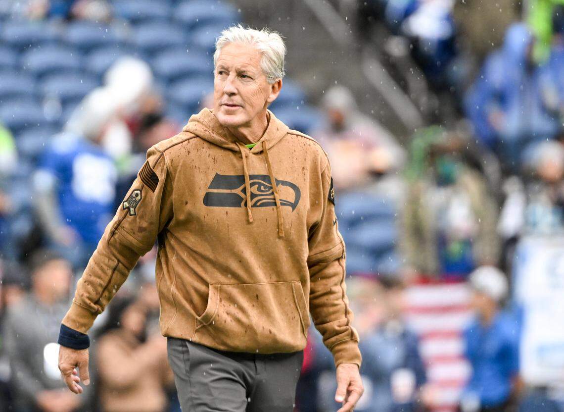 Seattle Seahawks head coach Pete Carroll walks on the field before the game against the Washington Commanders at Lumen Field, on Sunday, Nov. 12, 2023, in Seattle, Wash.