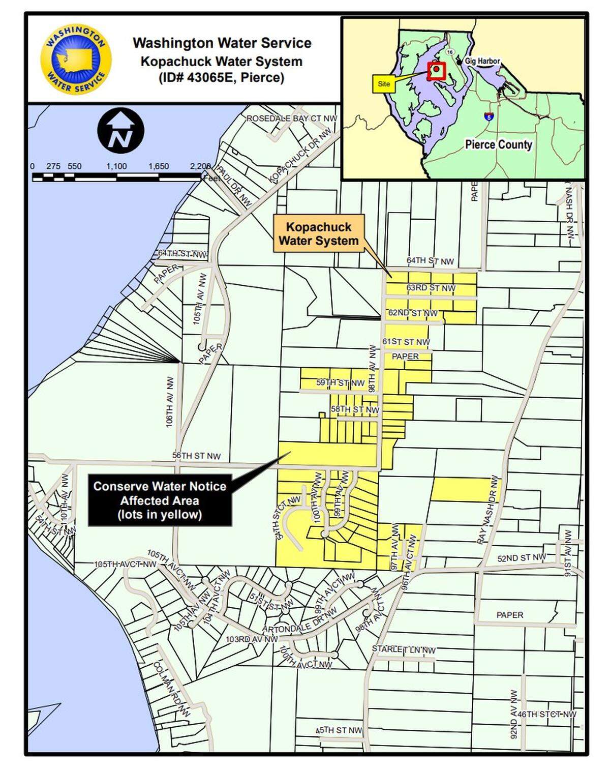 A map shows where customers served by the Kopachuck water system are asked to conserve water and turn off irrigation systems through Friday, Aug. 8, per an alert from Washington Water Service Monday, July 14, 2025.