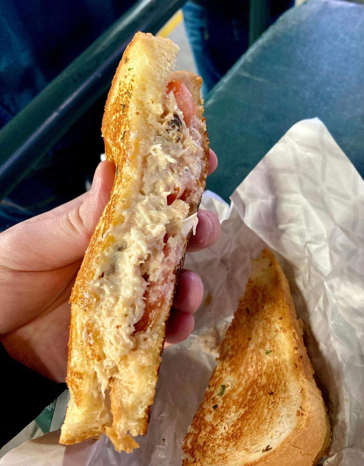 From Seattle chef Ethan Stowell, Way Back Crab Shack, located in Section 187 on the main level at T-Mobile Park, offers a pricey but satisfying Dungeness crab sandwich on toasted bread. Tip: Arrive ahead of first-pitch for a quick line and happy hour beer.