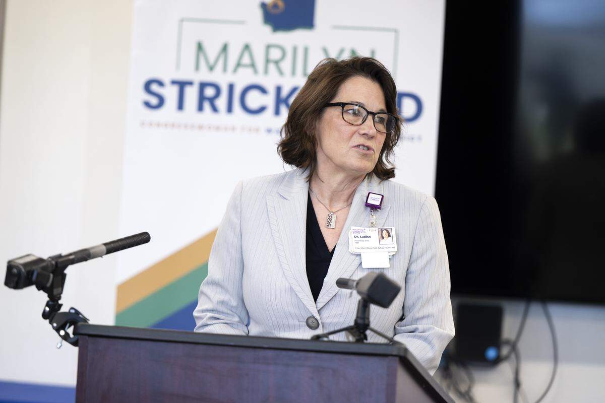 MultiCare Assistant Vice President Dr. Chris Ladish speaks at a press conference regarding how the federal government shutdown has affected WIC funding for Pierce County families, at Eastside Family Resource Center on Wednesday, Oct. 29, 2025, in Tacoma, Wash.