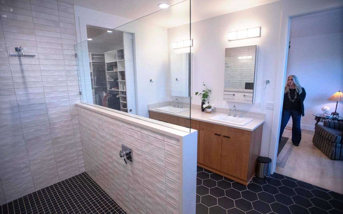The master bathroom in the residential home in the renovated Steamer’s restaurant building on the waterfront at Titlow Beach in Tacoma, Washington, on Tuesday, April 9, 2024.