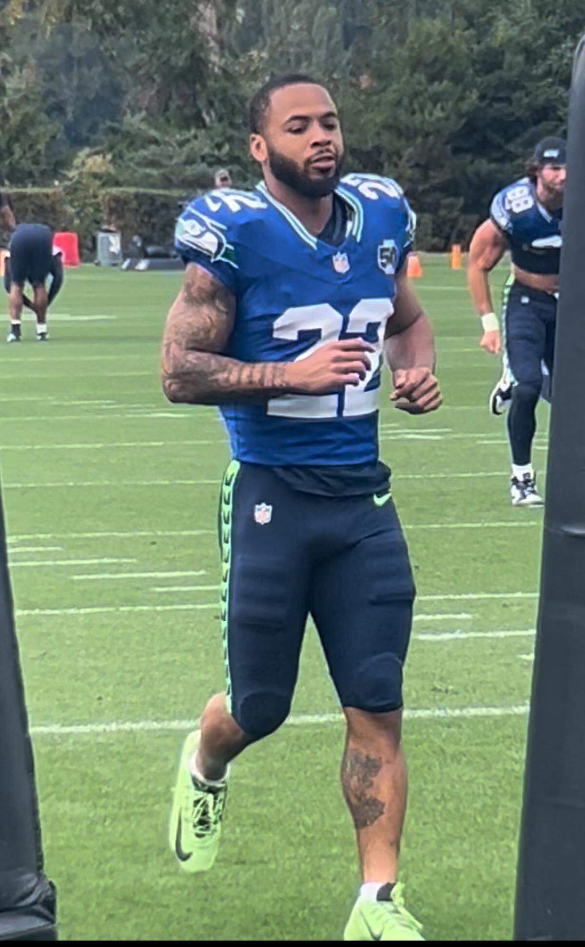 Myles Gaskin, former University of Washington Huskies and O’Dea High School running back, begins his first practice as a member of the Seahawks Wednesday, Oct. 1, 2025, at the Virginia Mason Athletic Center in Renton. Seattle signed Gaskin, 28, to its practice squad.