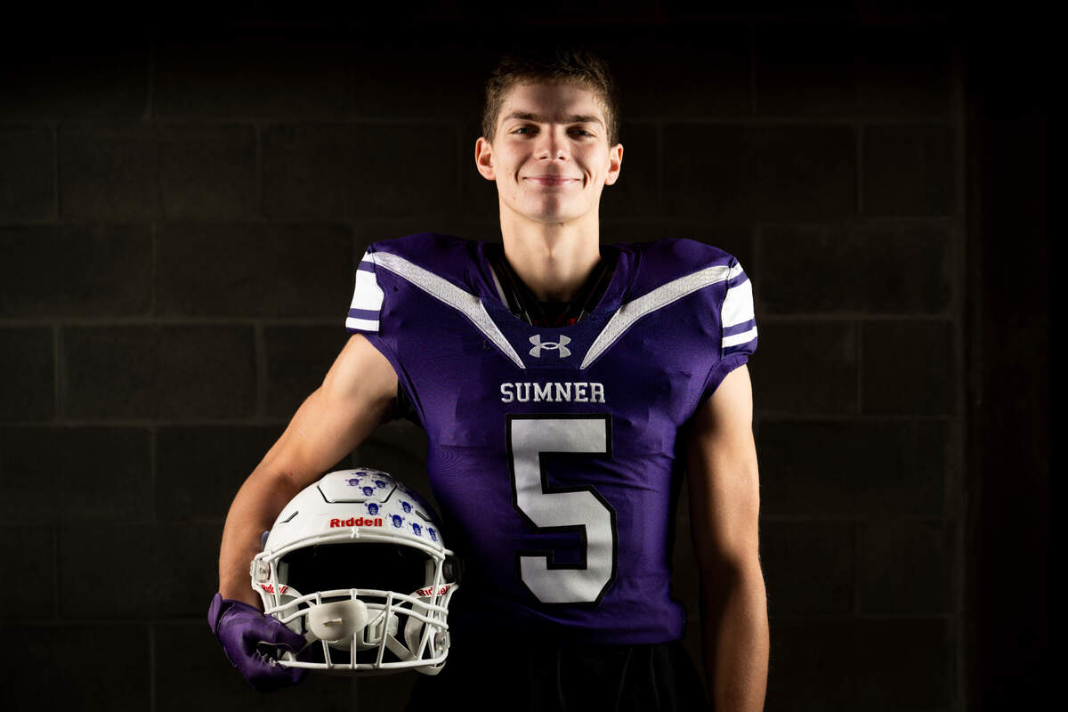 Sumner senior safety Cooper Miller poses for a portrait after being selected as first-team defense for The News Tribune’s 2023 All-Area football team at Mount Tahoma High School, on Sunday, Dec. 10, 2023, in Tacoma, Wash.