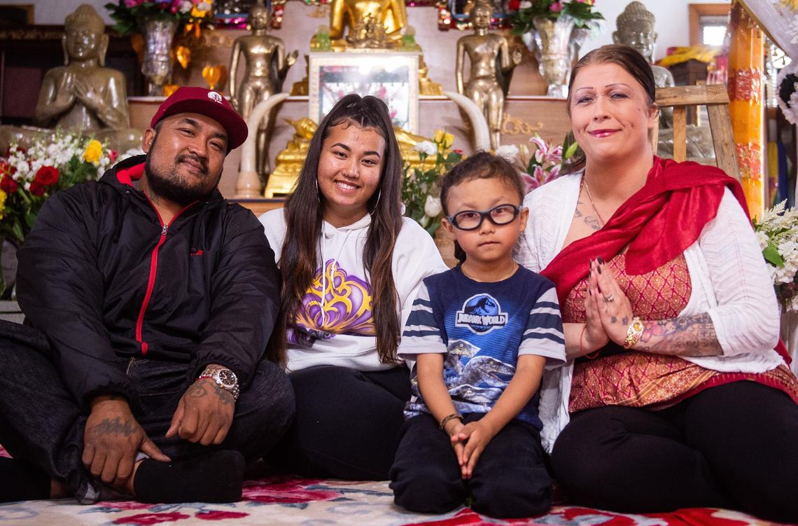 From left: Sophy Hem, Ivory Hem, Sophy Hem Jr., and Shelly Hem at the Wat Samakki Ratanaram Buddhist temple in Tacoma, Wash., on Thursday, April 18, 2019.