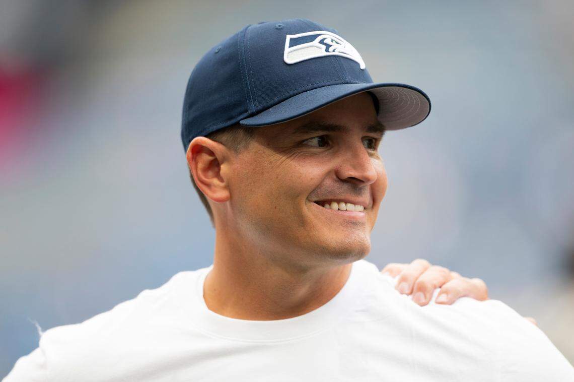 Seattle Seahawks head coach Mike Macdonald smiles before the preseason game against the Cleveland Browns at Lumen Field, on Saturday, Aug. 24, 2024 in Seattle, Wash.