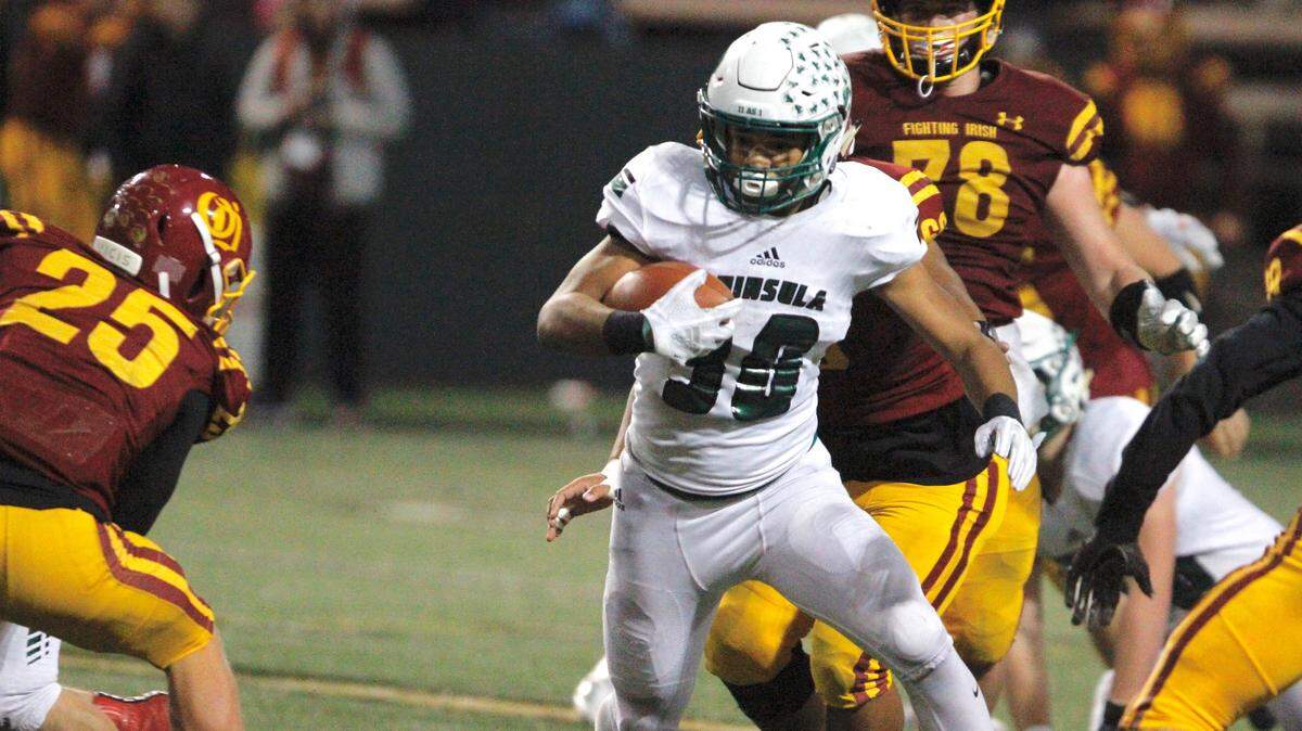 Peninsula High School running back Braeden Potter in Peninsula’s Class 3A state semifinal game against O’Dea at Memorial Stadium in Seattle on Friday, Nov. 16, 2018.