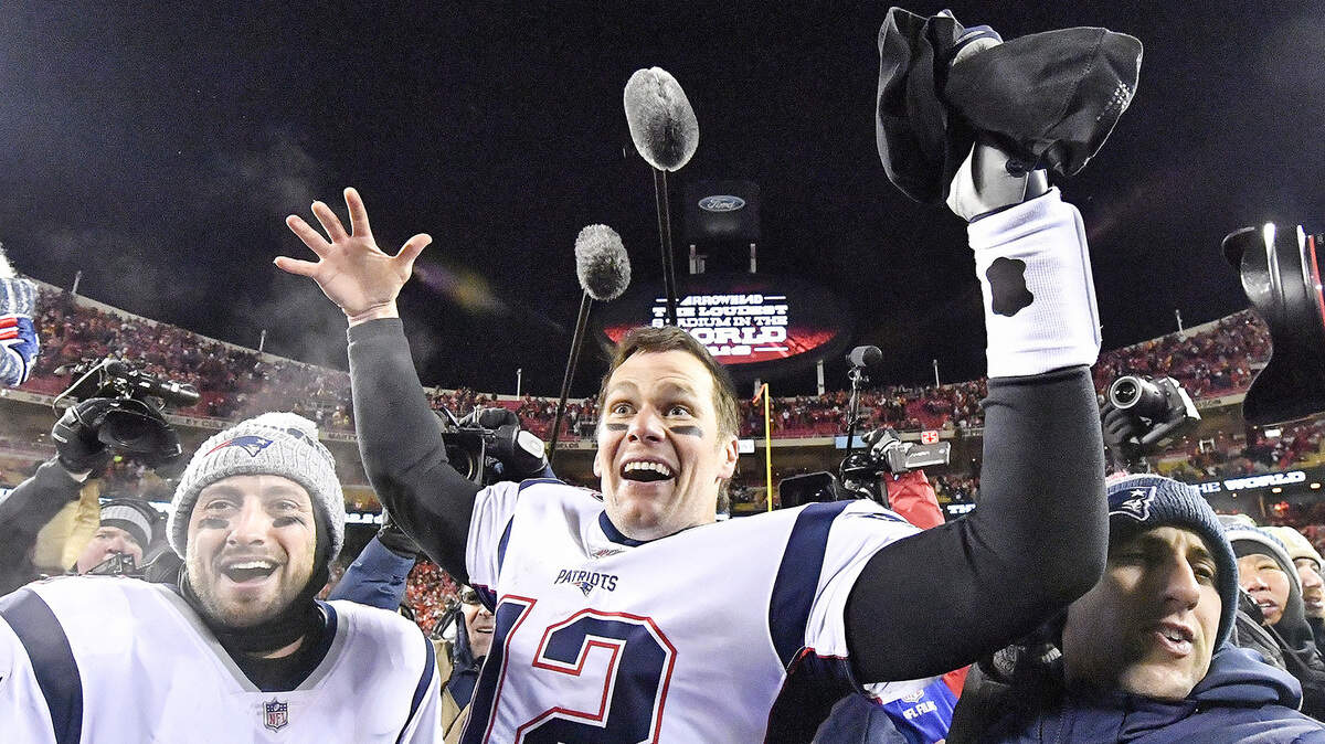 New England Patriots quarterback Tom Brady celebrates after the game-winning touchdown in overtime for a 37-31 win against the Kansas City Chiefs during the AFC Championship game on Sunday, Jan. 20, 2019 at Arrowhead Stadium in Kansas City, Mo. (John Sleezer/Kansas City Star/TNS)