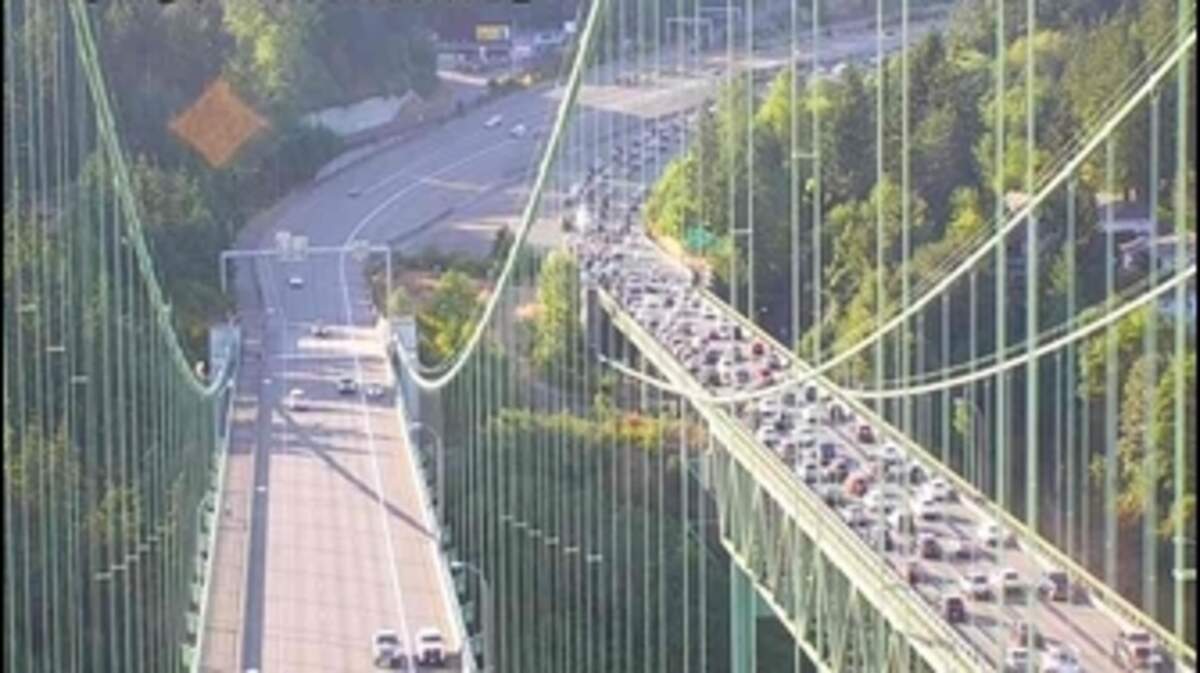 Traffic is stop-and-go across the Tacoma Narrows Bridge Friday evening.