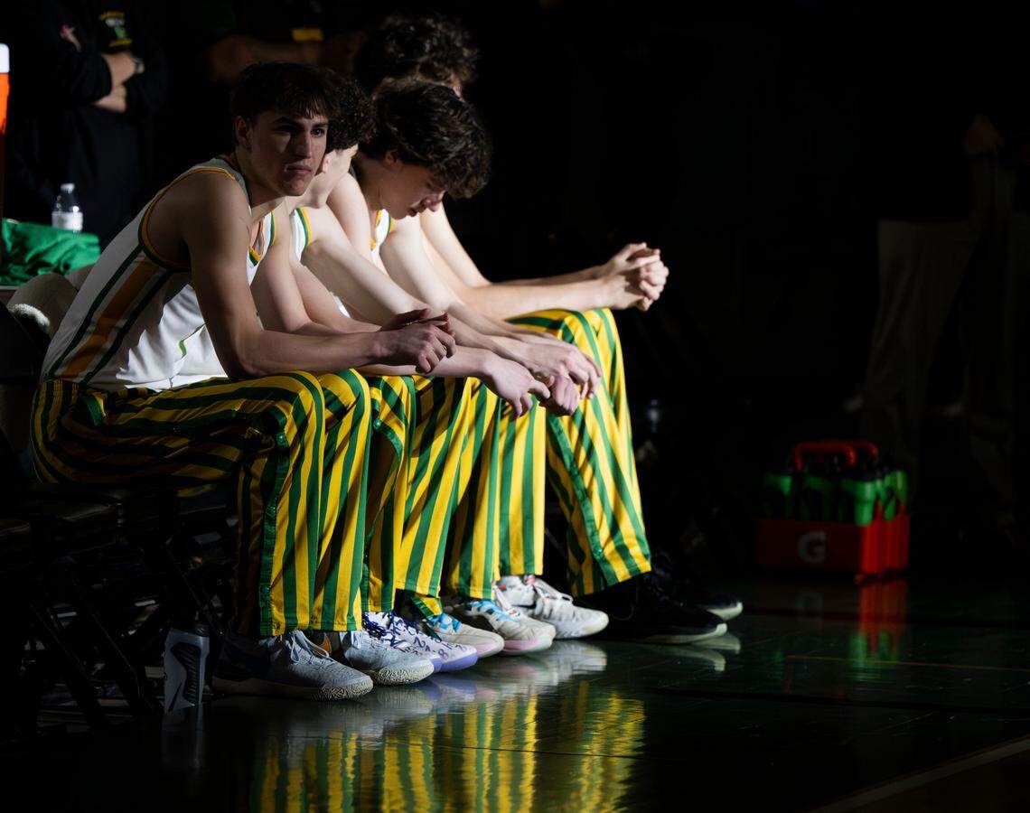 Richland Bombers watch as Mount Si Wildcats are announced during the first half of the Class 4A state championship game at the Tacoma Dome, on Saturday, March 2, 2024, in Tacoma, Wash.