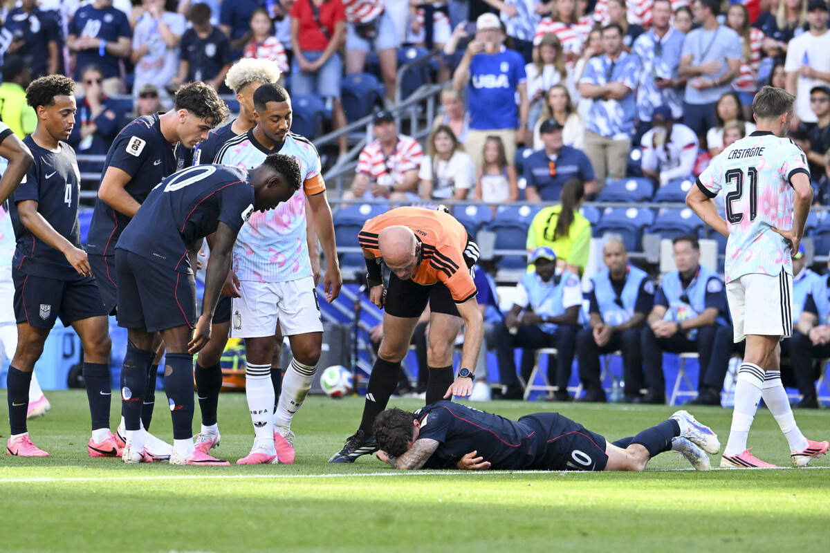 United States of America forward Christian Pulisic (10) remains on the ground after play is stopped in a round of sixteen FIFA World Cup match against Belgium on Monday, July 6, 2026, at Lumen Field in Seattle.