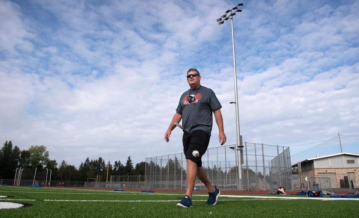 Graham-Kapowsin football head coach Eric Kurle during the Eagles’ football practice at Graham-Kapowsin High School in Graham, Washington, on Wednesday, Aug. 18, 2021.