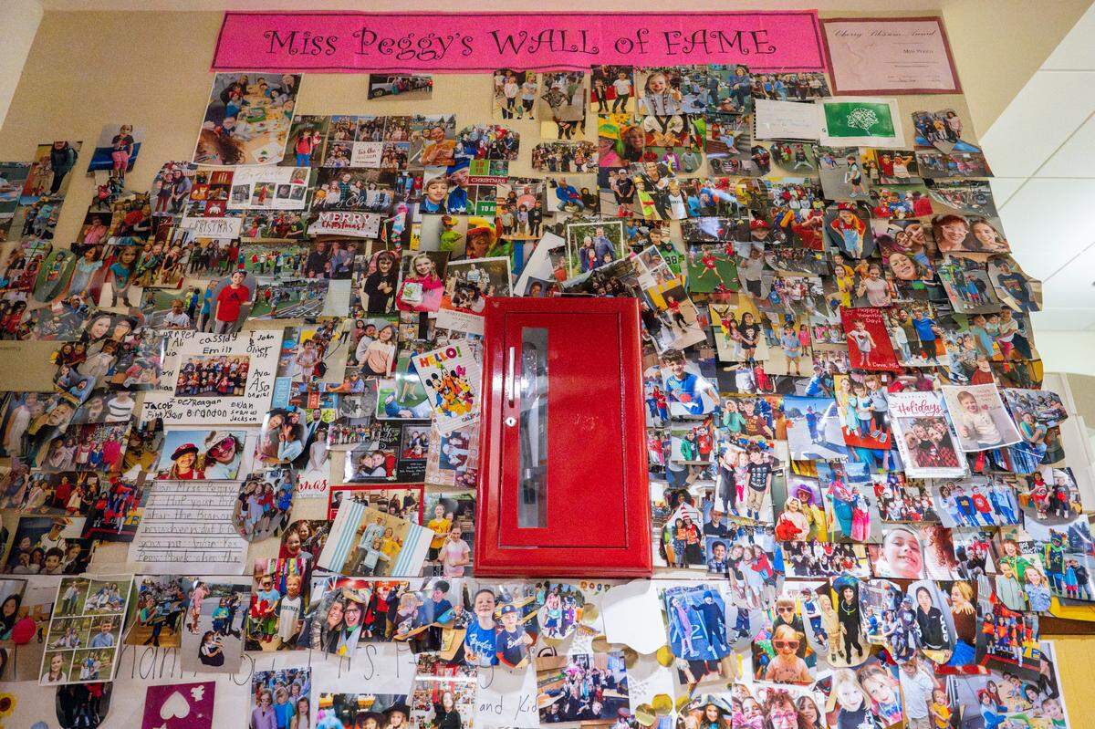 The faces of students fill “Miss Pegg’s Wall of Fame,” inside Washington Elementary School on Tuesday, May 13, 2025, in Tacoma.