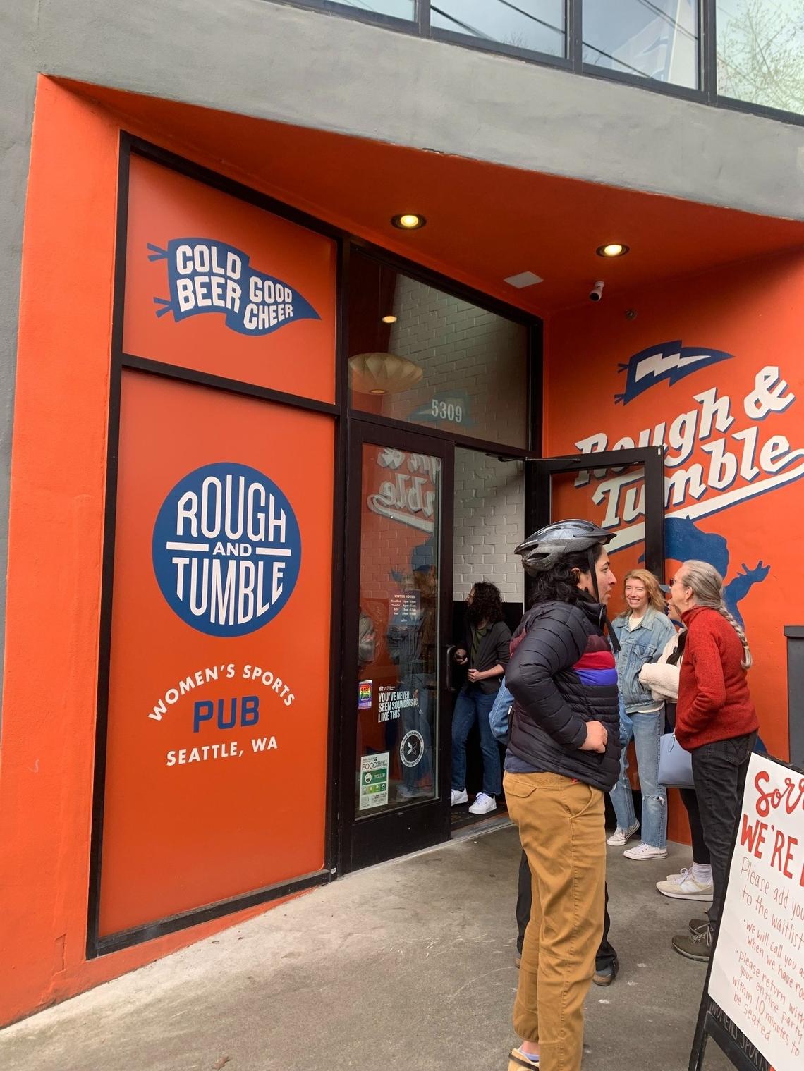 The line to get into the Rough & Tumble women’s sports pub in Seattle’s Ballard neighborhood 45 minutes before tipoff of the NCAA women’s basketball tournament national championship game, unbeaten South Carolina versus Caitlin Clark and Iowa, stretched out the doors down the street Sunday morning April 7, 2024.