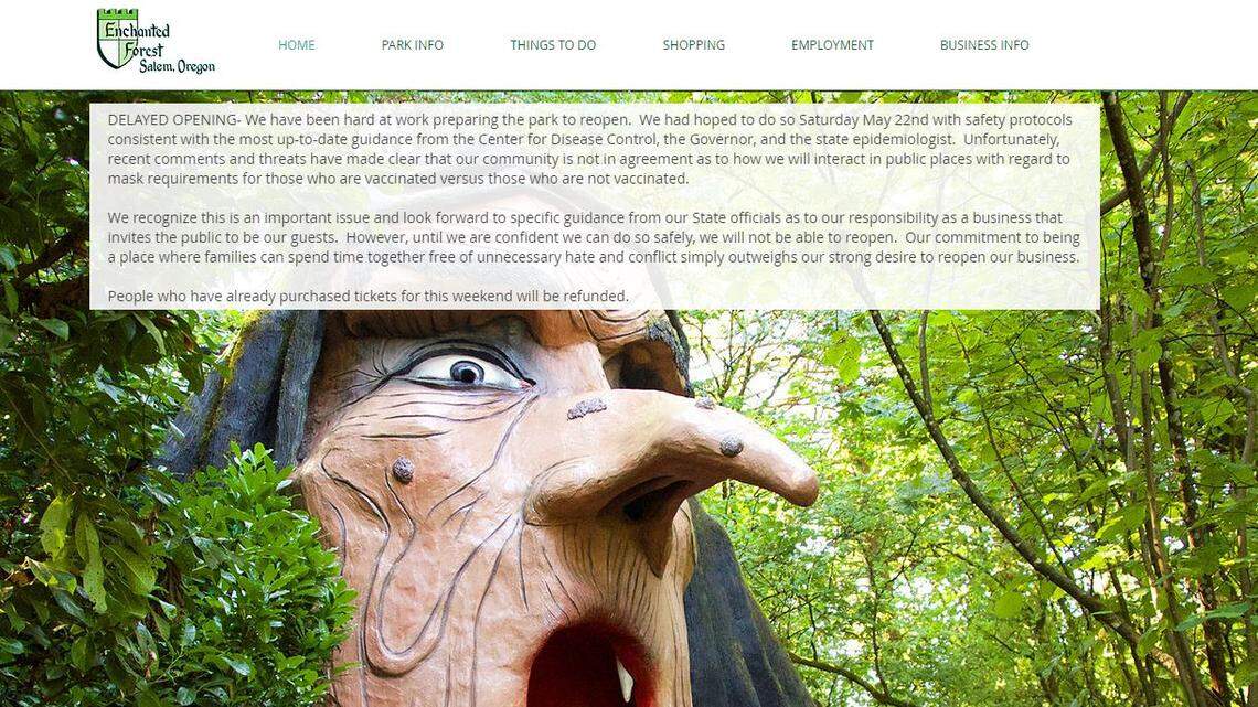 The Enchanted Forest theme park in Oregon has canceled plans to reopen after its planned face mask rules sparked threats.