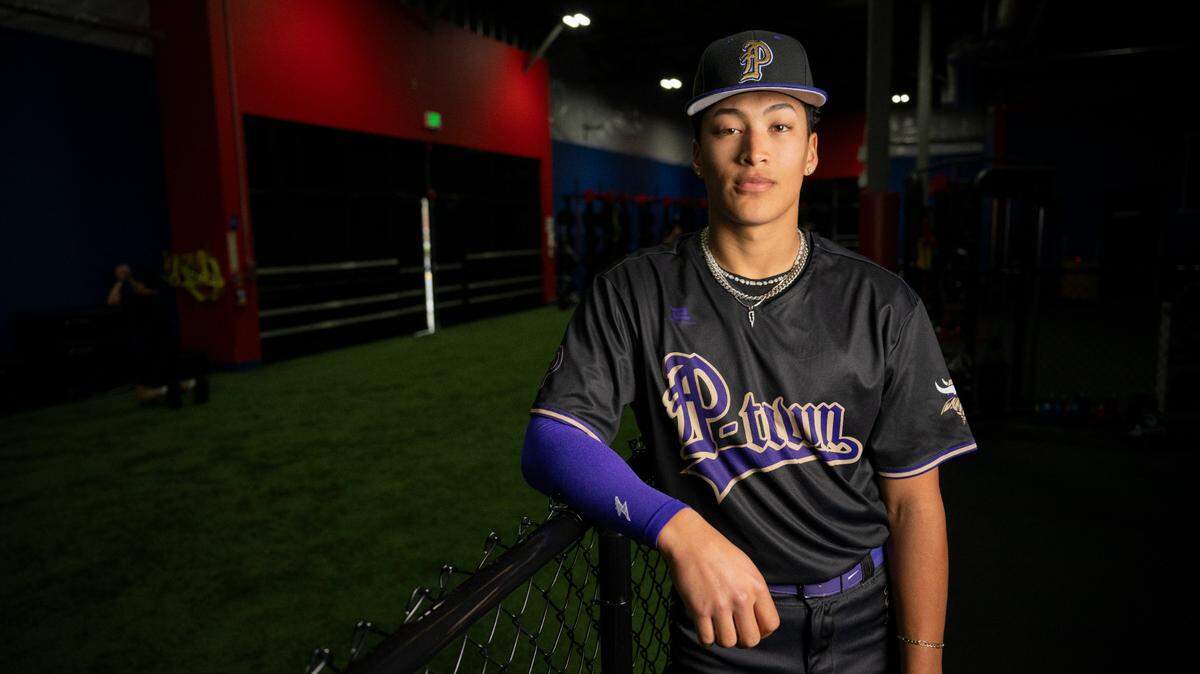 Puyallup High School pitcher Mason Pike poses for a portrait at New Level 360 training facility, on Thursday, April 4, 2024, in Puyallup, Wash.