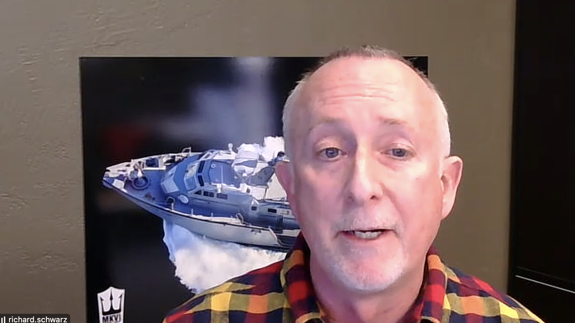 SAFE Boats International CEO Richard Schwarz spoke Tuesday to reporters about the effects of a current federal funding freeze on his boat-building business in Tacoma and in Bremerton.