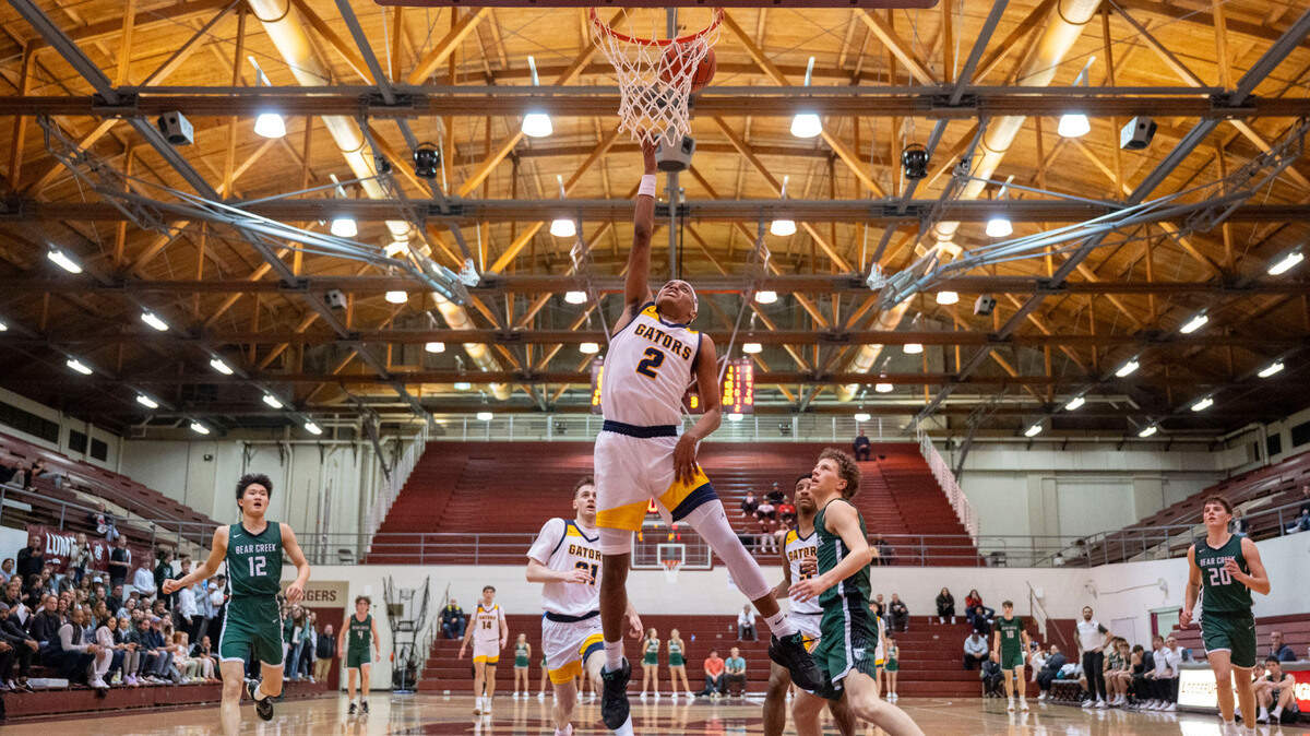 Annie Wright guard Jeremiah Harshman (2) attempts a layup during the third quarter of a Class 1A regional round of the state tournament game against Bear Creek on Saturday, March 1, 2025, at the University of Puget Sound in Tacoma, Wash.
