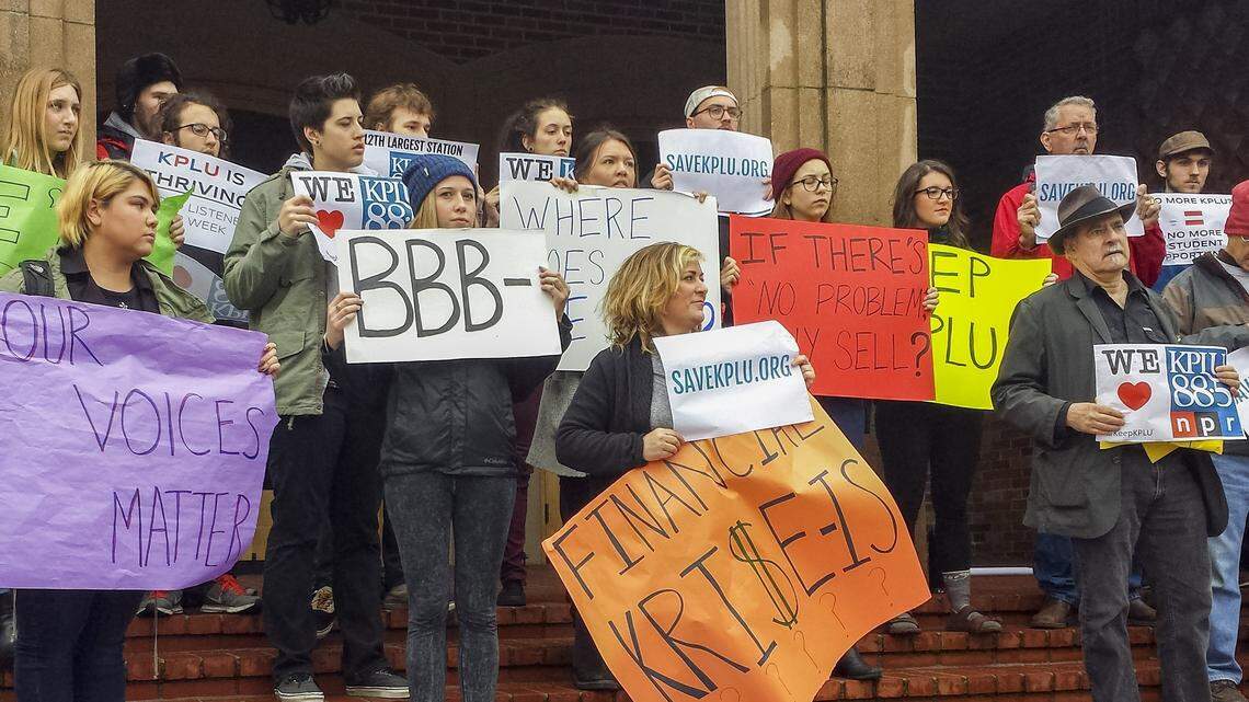 Pacific Lutheran University students were joined by KPLU (now KNKX) radio station listeners on Dec. 3, 2015 to show support for the school’s radio station after the school announced a sale to Seattle public radio station KUOW. The sale was eventually halted.