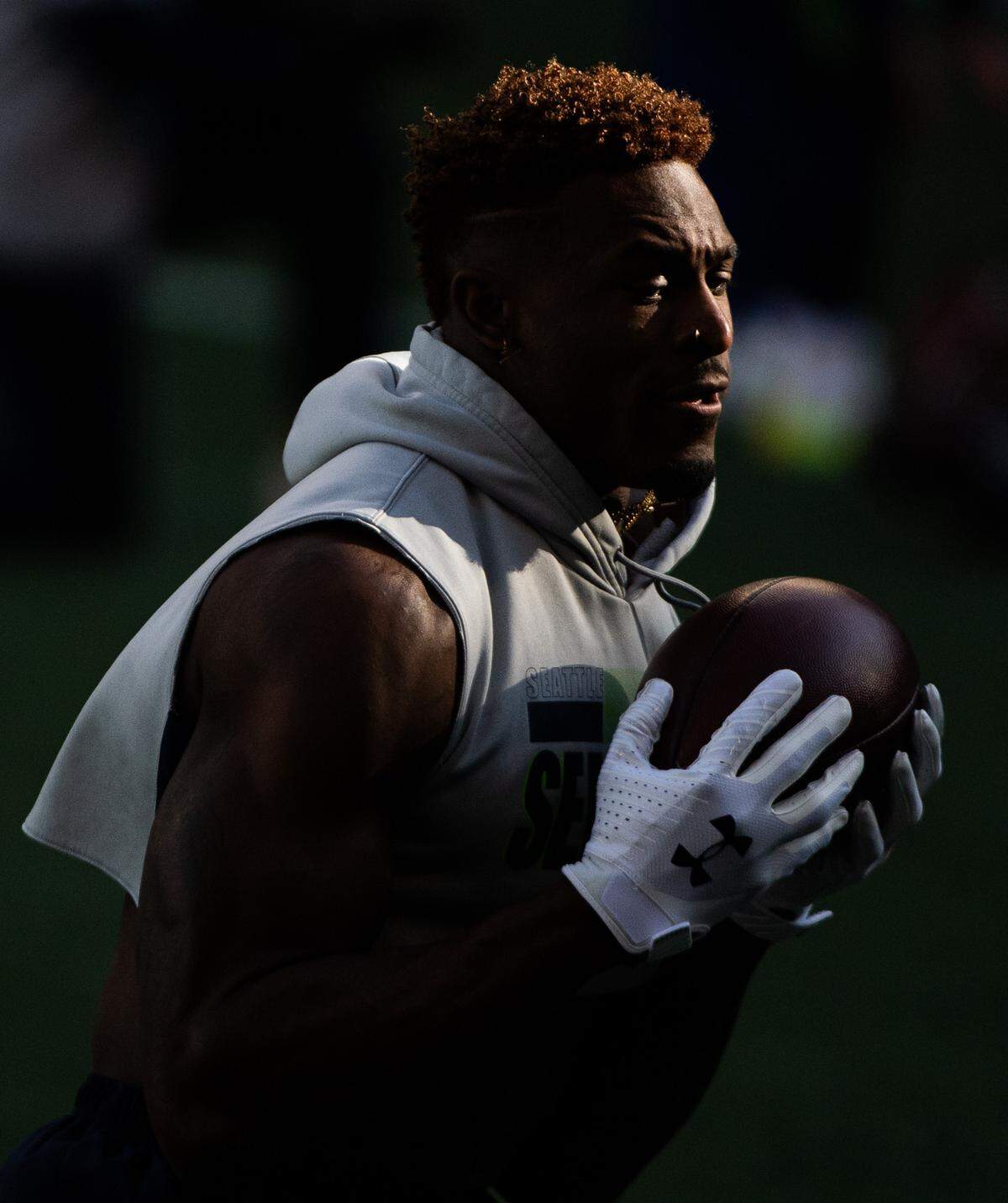 Seattle Seahawks wide receiver DK Metcalf makes a catch before the game. The Seattle Seahawks played the Los Angeles Rams in a NFL wildcard playoff game at Lumen Field in Seattle, Wash., on Saturday, Jan. 9, 2021.