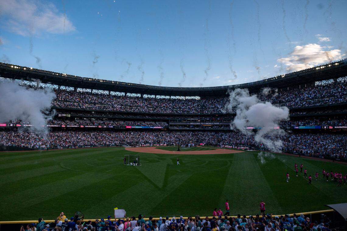 Fireworks go off after Toronto Blue Jays All-Star Vladimir Guerrero won the 2023 MLB Home Run Derby on Monday, July 10, 2023, at T-Mobile Park in Seattle.