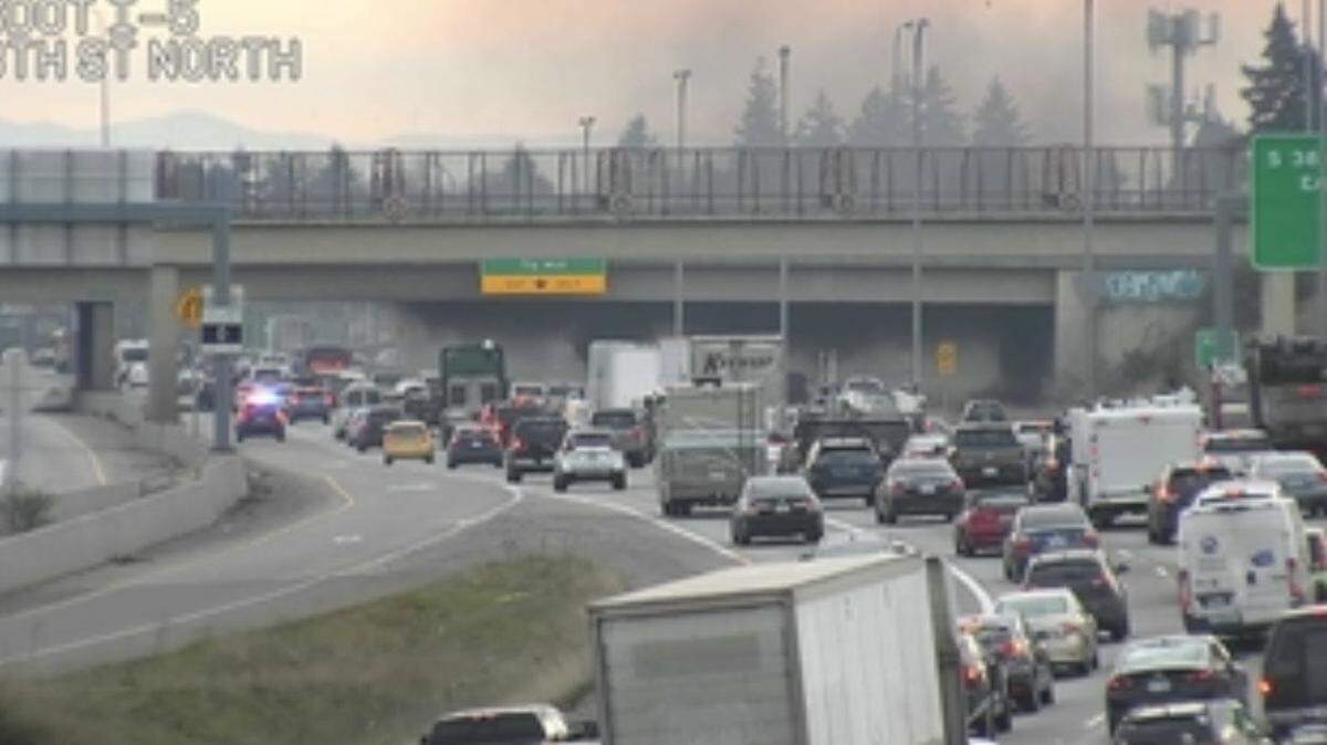 A vehicle fire on I-5 southbound has caused traffic backups in Tacoma on Jan. 23, 2025.