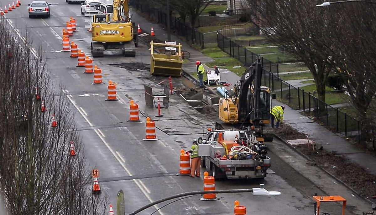 Construction workers tear up Martin Luther King Jr. Way in Tacoma’s Hilltop Neighborhood for utility work in December 2018.