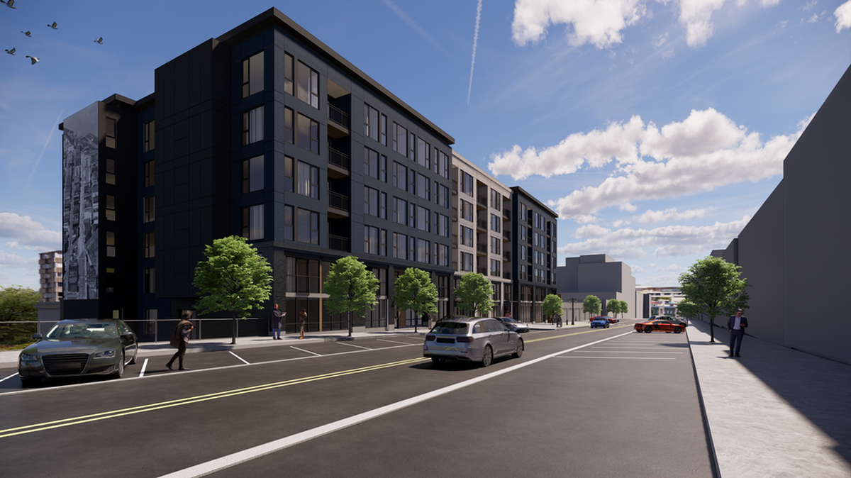 A rendering looking south on Broadway showing the proposed apartments/commercial space proposed for the current site of the Graffiti Garages, 725 Broadway.