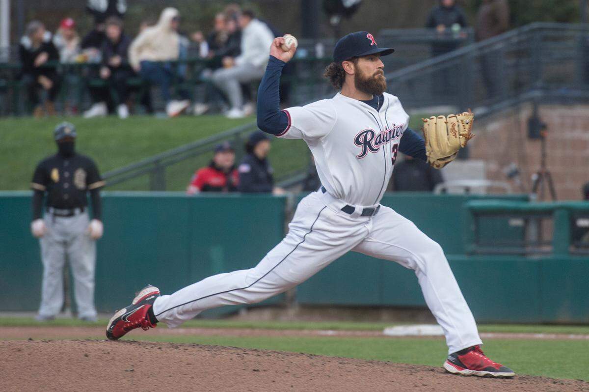 Tacoma Rainiers reliever Penn Murfee throws a pitch against the Salt Lake Bees on Saturday, April 9, 2022 at Cheney Stadium in Tacoma, Wash.
