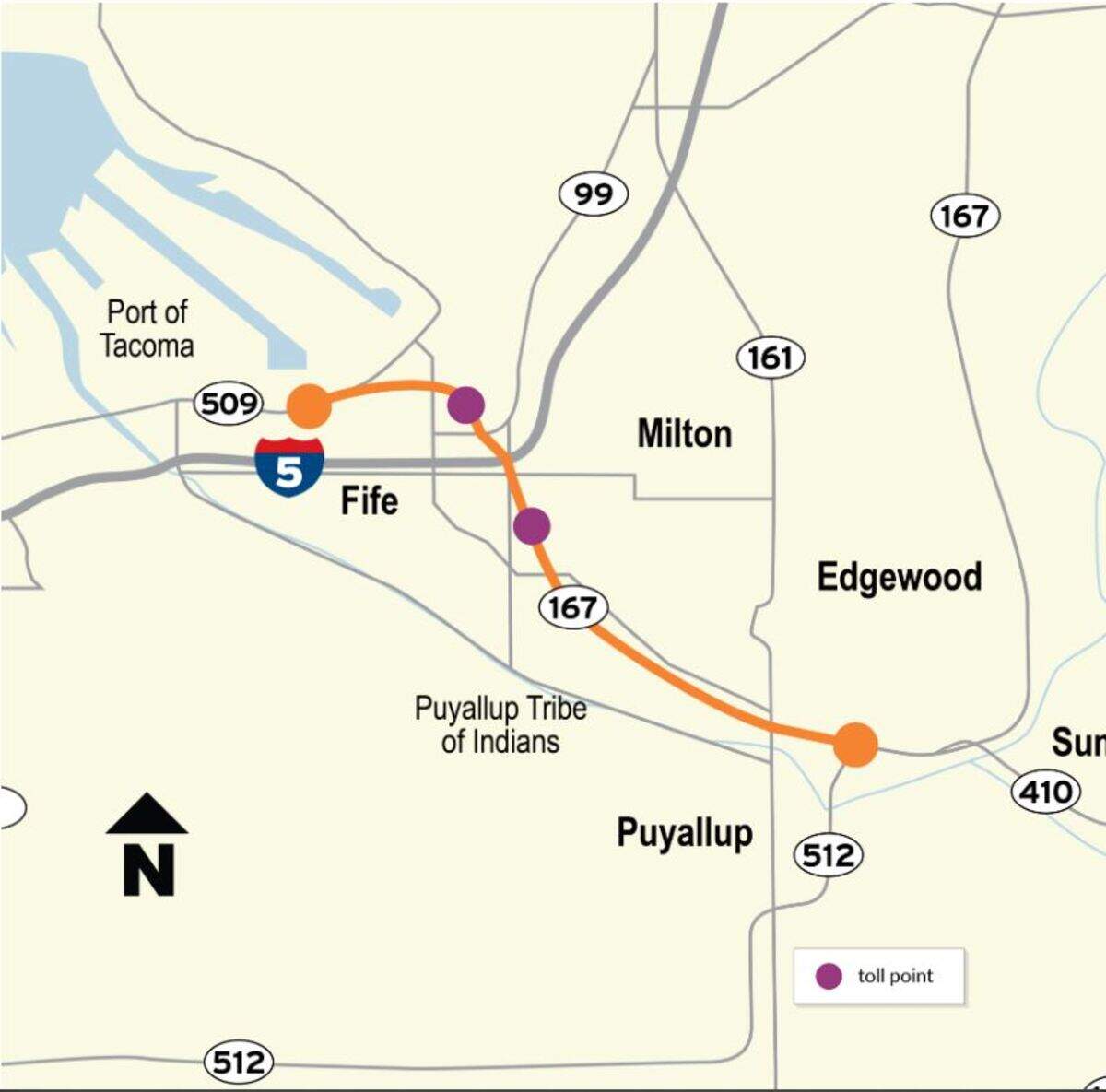 This map shows the route of the 167 Completion Project now being constructed between Interstate 5 and state Route 509.