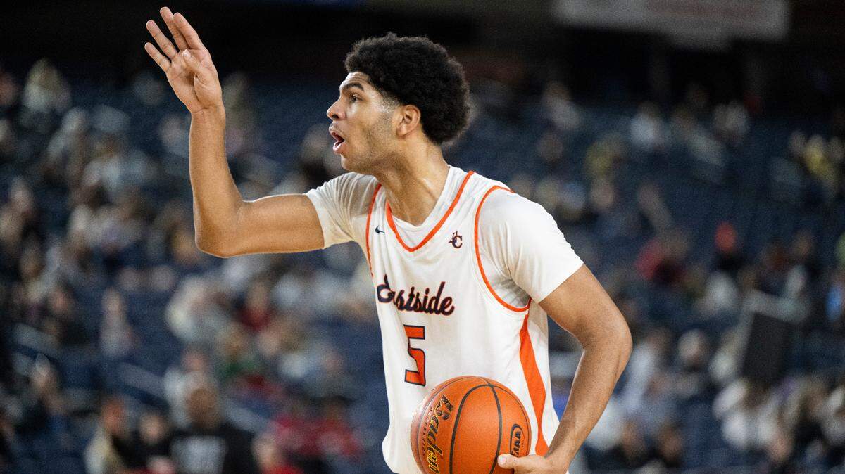Eastside Catholic’s Jacob Cofie (5) calls out to teammates during the semifinals game of the Class 3A state tournament against Mt. Spokanes at the Tacoma Dome, on Friday, March 1, 2024, in Tacoma, Wash.