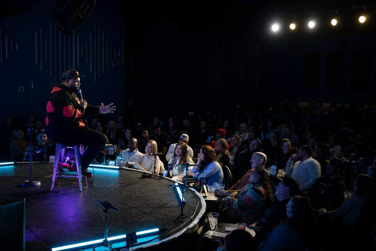 Nate Jackson performs a crowd work joint at his Super Funny Comedy Club, on Tuesday, Dec. 10, 2024, in Tacoma, Wash.