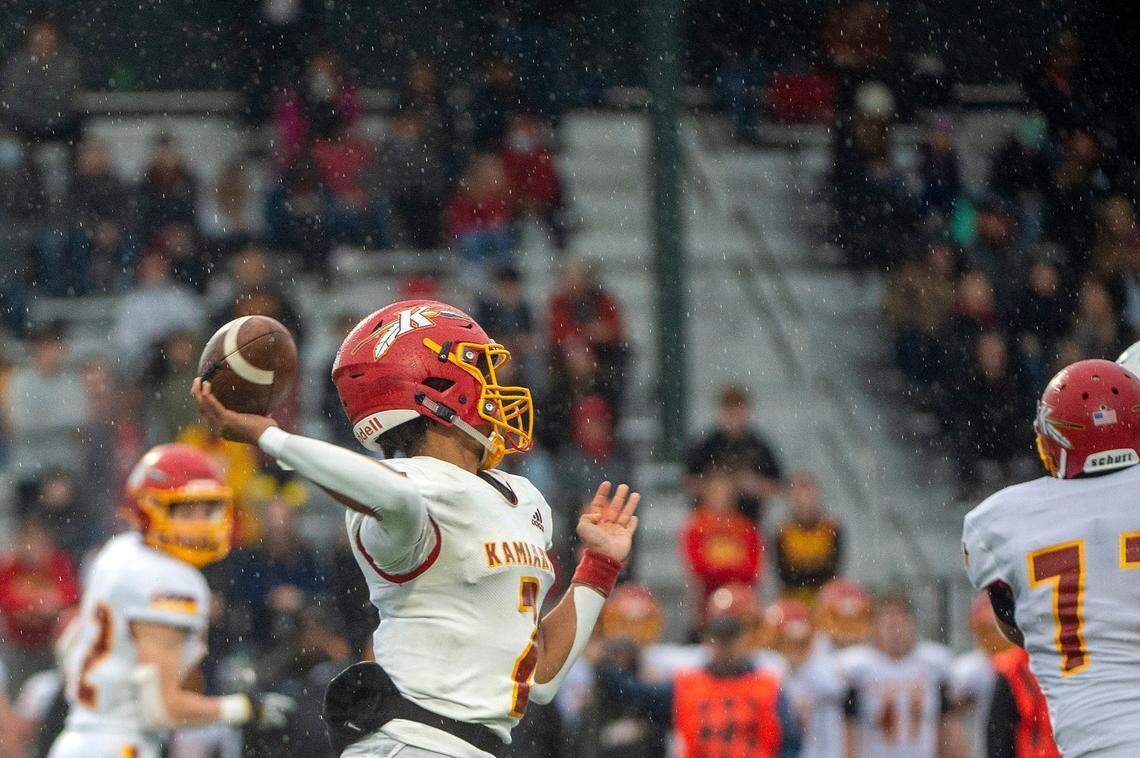 Kamiakin quarterback Henry Mercado attempts a pass during the third quarter of a State 4A semifinal game against Graham Kapowsin in Spanaway.