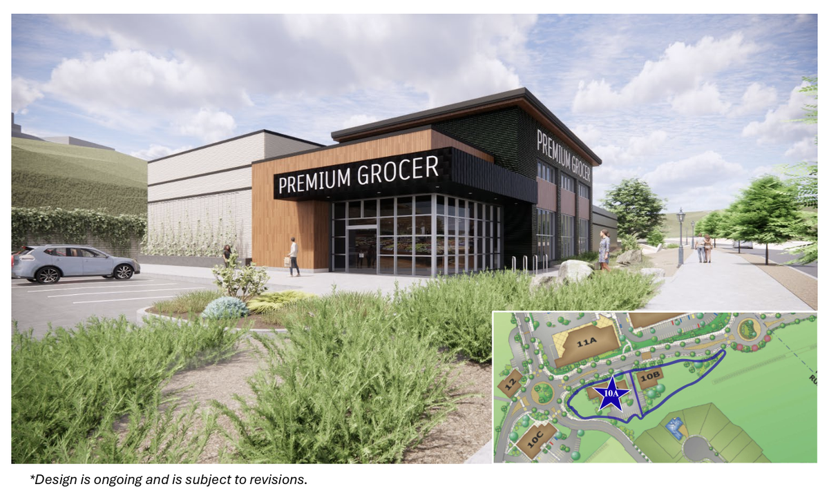 This rendering, part of the TerraCotta presentation to the City of Ruston, envisions a grocery store on one of the Ruston Way lots (inland side) at Point Ruston.