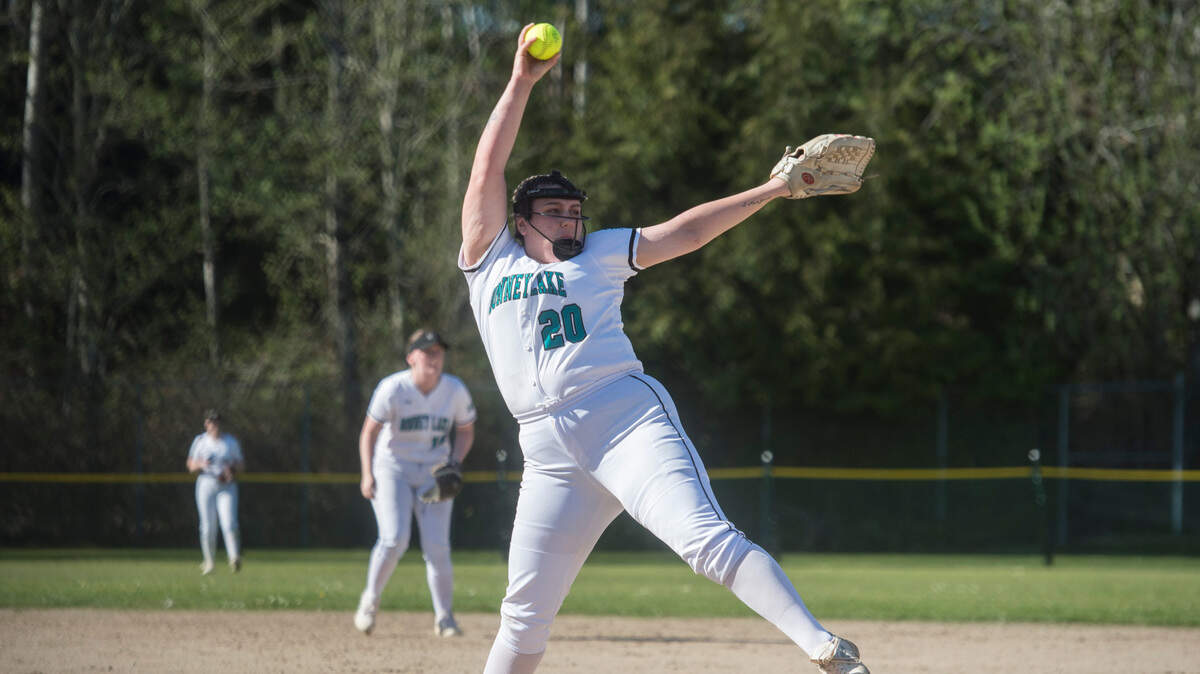 Bonney Lake starter Bella Carazo thows a pitch in a nonleague softball game against Jackson on Friday, April 28, 2023 at Jackson High School in Mill Creek, Wash.