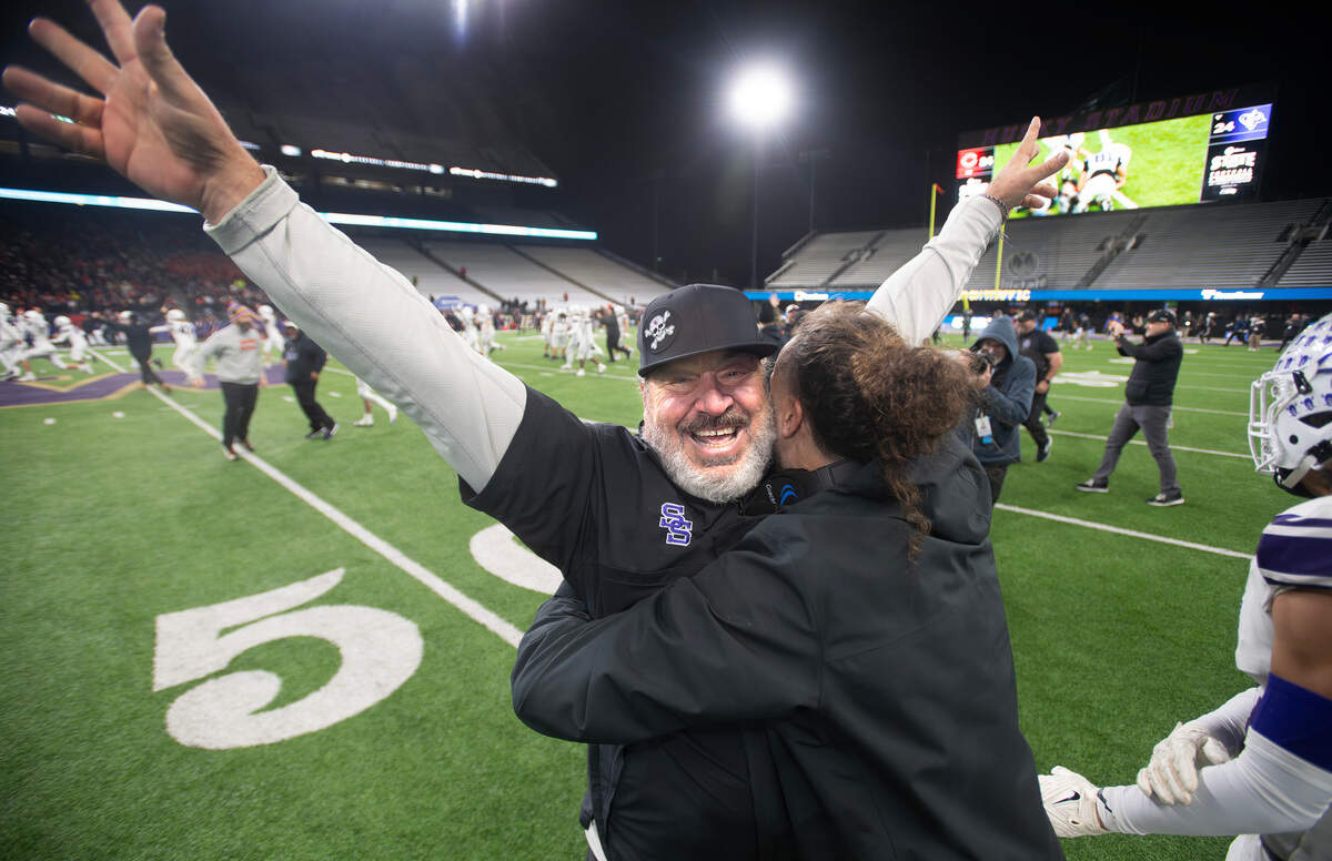 Sumner head coach Keith Ross celebrates as time expires on the Spartans’ 27-24 victory over the Camas Papermakers in Saturday’s WIAA 4A state football championship game at Husky Stadium in Seattle, Washington, on Dec. 7, 2024. Sumner won the game on a last second field goal, 27-24.