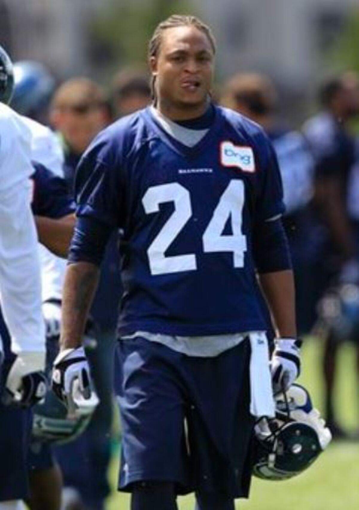 LenDale White, wearing jersey number 24 before the Seahawks acquired Marshawn Lynch later that year, practicing for one of his only times for the Seahawks during a minicamp in Renton in the offseason of 2010.