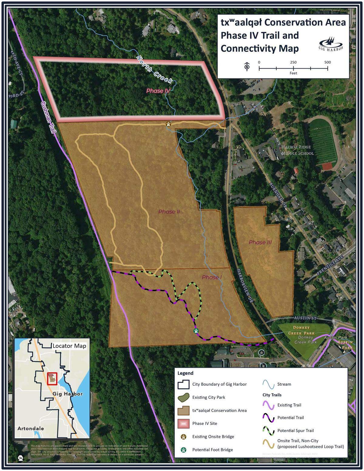 A map of the txʷaalqəł Conservation Area indicates where the city of Gig Harbor could put in public trails.