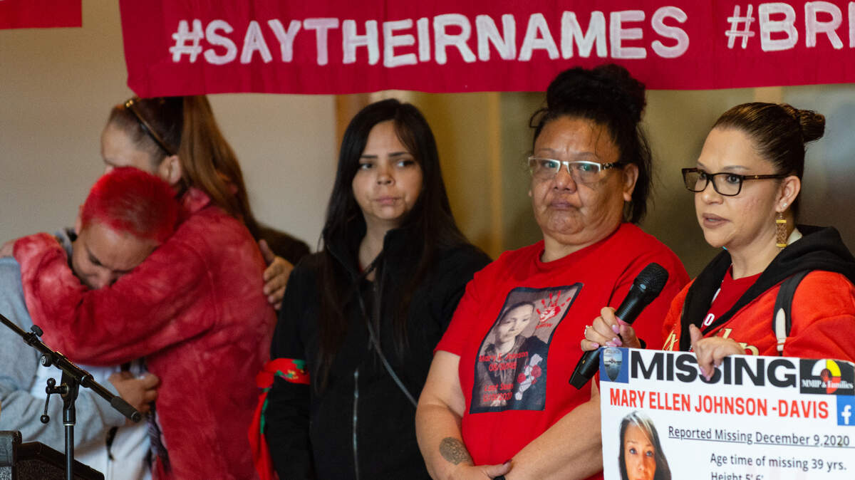 Victim’s advocate and Tulalip Police Department Program Manager Alyshia Ramon, right, with the family of missing Tulalip Tribal member Mary Ellen Johnson-Davis at the National Day for Awareness and Healing for Missing and Murdered Indigenous Women, People and Families Saturday, May 7, at Daybreak Star Indian Cultural Center in Seattle. Ramon shared that her job is to act as a liaison between victims’ families in law enforcement and hopes other law enforcement agencies will follow the Tulalip Tribes’ examples.
