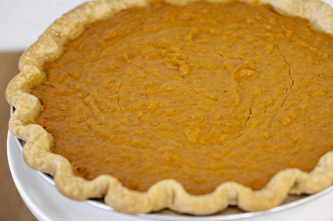 A sweet potato pie is pictured at Eudora's Bakery & Cafe on Friday, Feb. 20, 2026, in Tacoma, Wash.