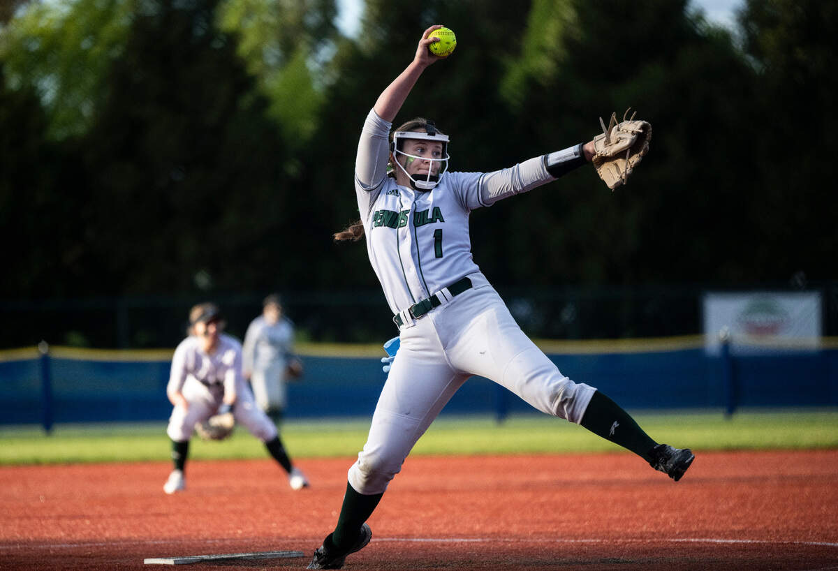 Peninsula’s pitcher Alli Kimball, 1, pitches the ball during the 3A state softball tournament quarterfinals at the Regional Athletic Complex on Friday, May 27, 2022 in Lacey, Wash. Bonney Lake defeated Peninsula 3-2 with a triple play in the seventh inning to win the quarterfinal game.