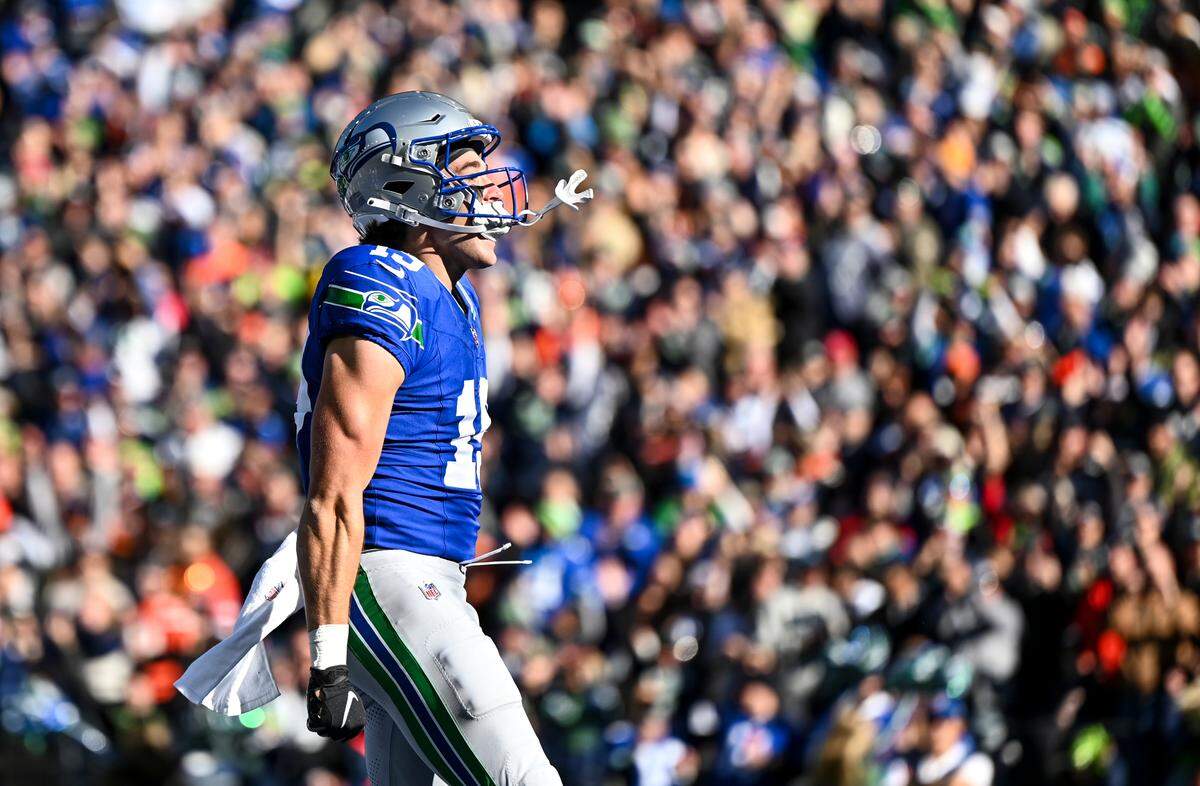 Seattle Seahawks wide receiver Jake Bobo (19) celebrates a touchdown against the Cleveland Browns during the first quarter of the game at Lumen Field, Sunday, Oct. 29, 2023, in Seattle, Wash.