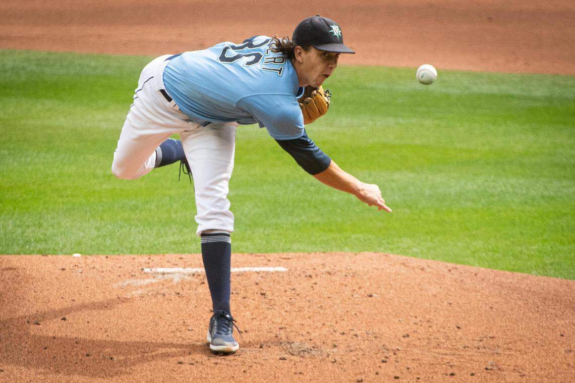 Mariners pitcher Logan Gilbert throws during a Seattle Mariners taxi squad game at T-Mobile Park in Seattle, Wash., on Friday, July 24, 2020.