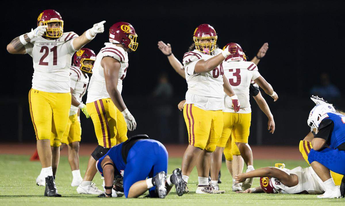 O’Dea Fighting Irish reacts to a an offsides call on Graham-Kapowsin Eagles during the second half of the game at Art Crate Field, on Friday, Sept. 5, 2025, in Spanaway, Wash.