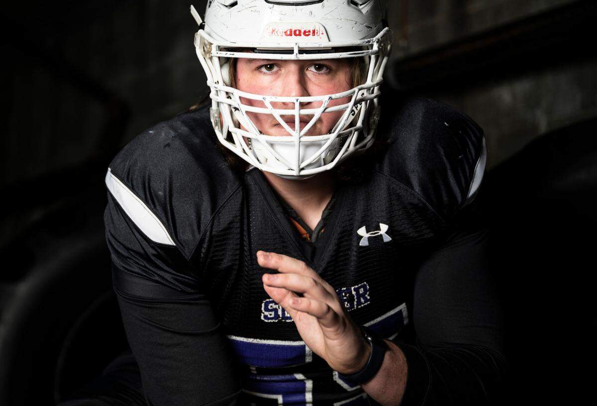 Sumner senior Kyle Martin poses for a portrait after being selected as an offensive lineman for The News Tribune’s 2022 All-Area football team, at Mount Tahoma High School in Tacoma, Wash. on Dec. 4, 2022.
