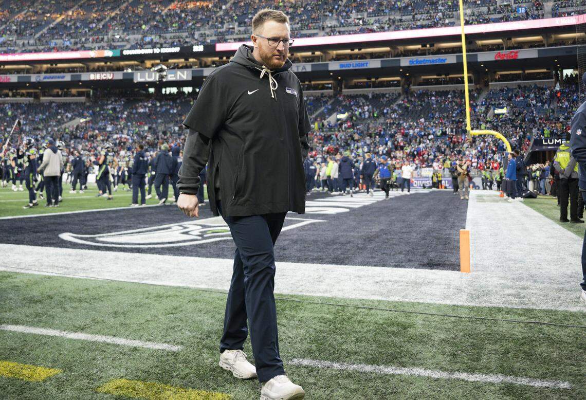 Seattle Seahawks special teams coordinator Jay Harbaugh walks off the field before the NFC Divisional Round game against the San Francisco 49ers at Lumen Field, on Saturday, Jan. 17, 2026, in Seattle.